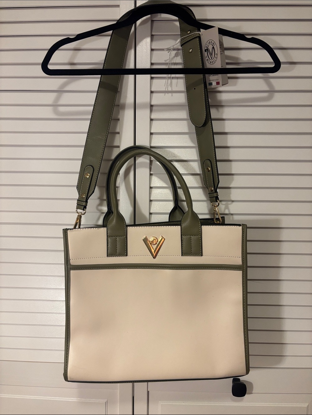Valentino Orlandi Cream and Olive Green Structured Tote with Detachable Strap
